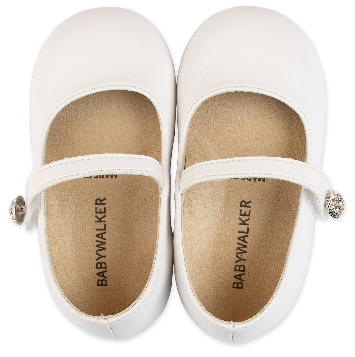 Babywalker Girls' White Leather Christening Ballerinas with Rhinestone Button, Anatomical Insole