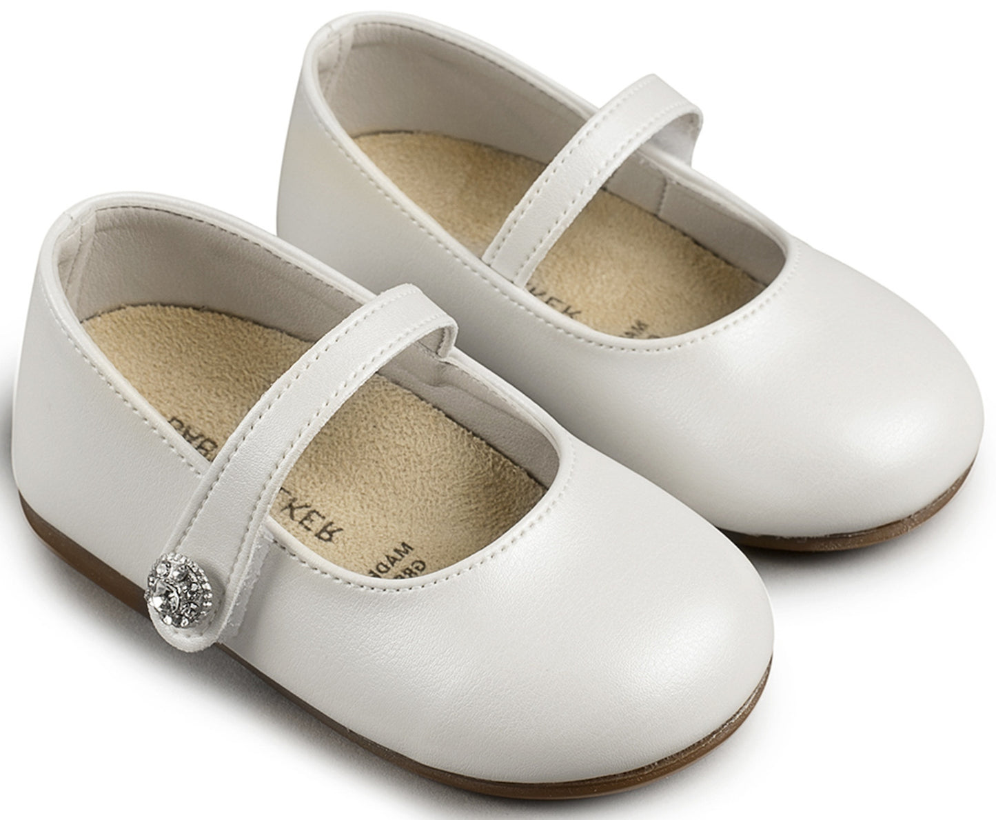 Babywalker Girls' White Leather Christening Ballerinas with Rhinestone Button, Anatomical Insole