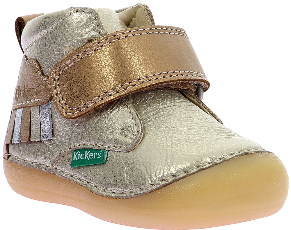 Kickers Sabio Leather Kids Velcro Boots - Beige, Comfortable Support