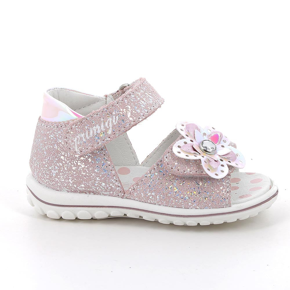 Girls' First Steps Pink Leather Sandals with Floral Design and Velcro Closure