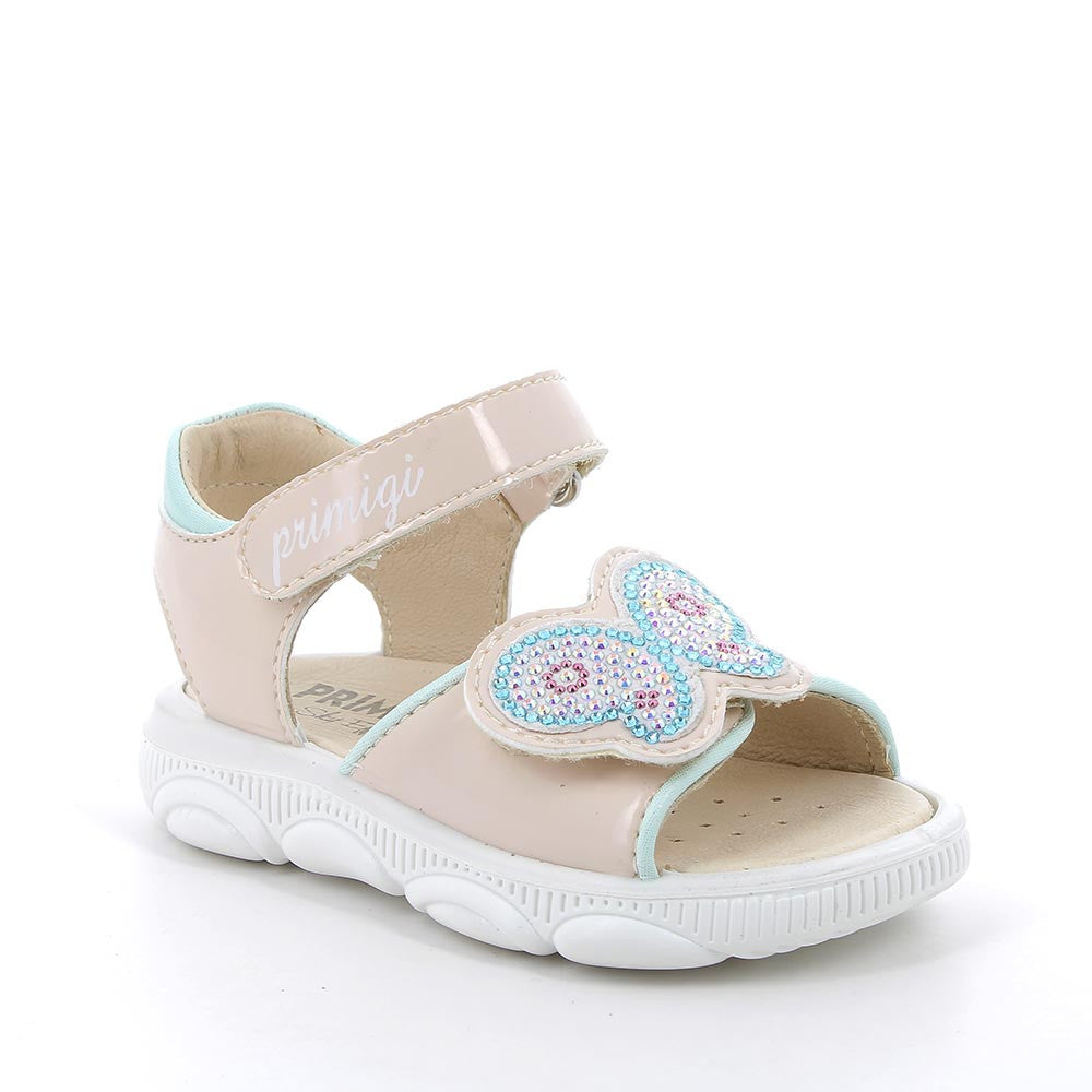 Girls' Beige Velcro Sandals with Rhinestones, Padded Ankle, Comfy Cushioned Sole