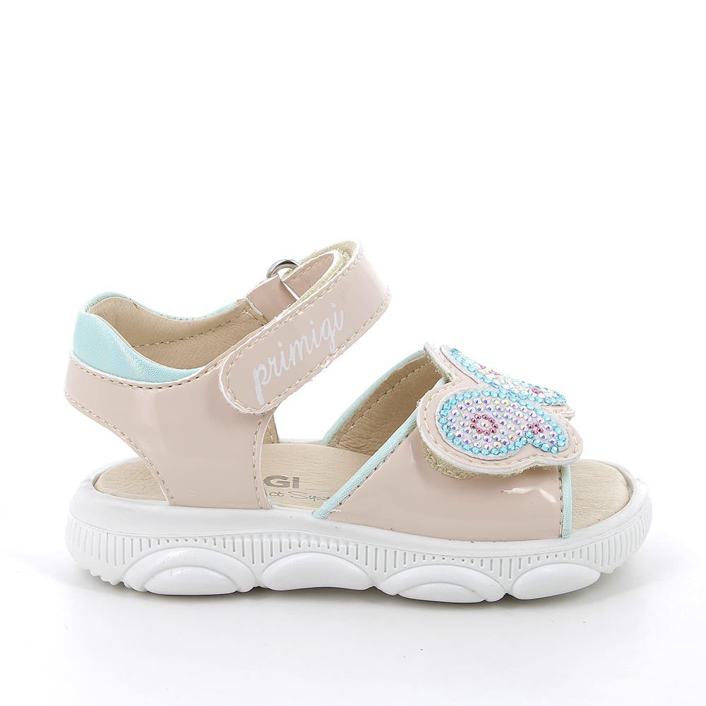 Girls' Beige Velcro Sandals with Rhinestones, Padded Ankle, Comfy Cushioned Sole