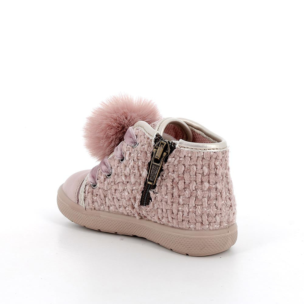 Girls' Pink Velvet Leather Zip-Up Shoes with Plush Pom-Pom Charm