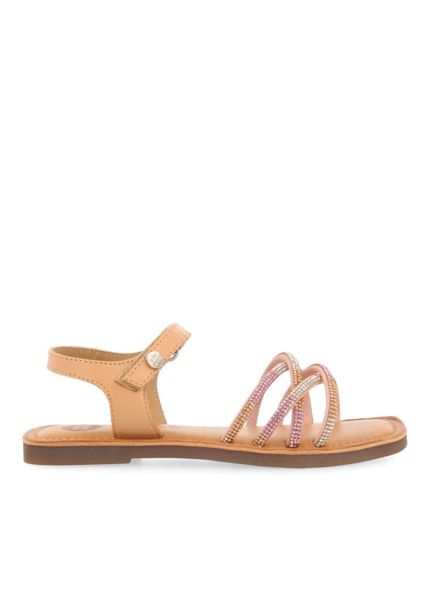 Lixy Girls' Pink Leather Sandals with Colorful Crystal Embellishments