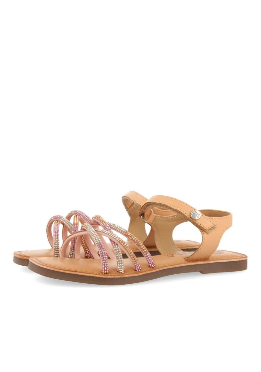 Lixy Girls' Pink Leather Sandals with Colorful Crystal Embellishments