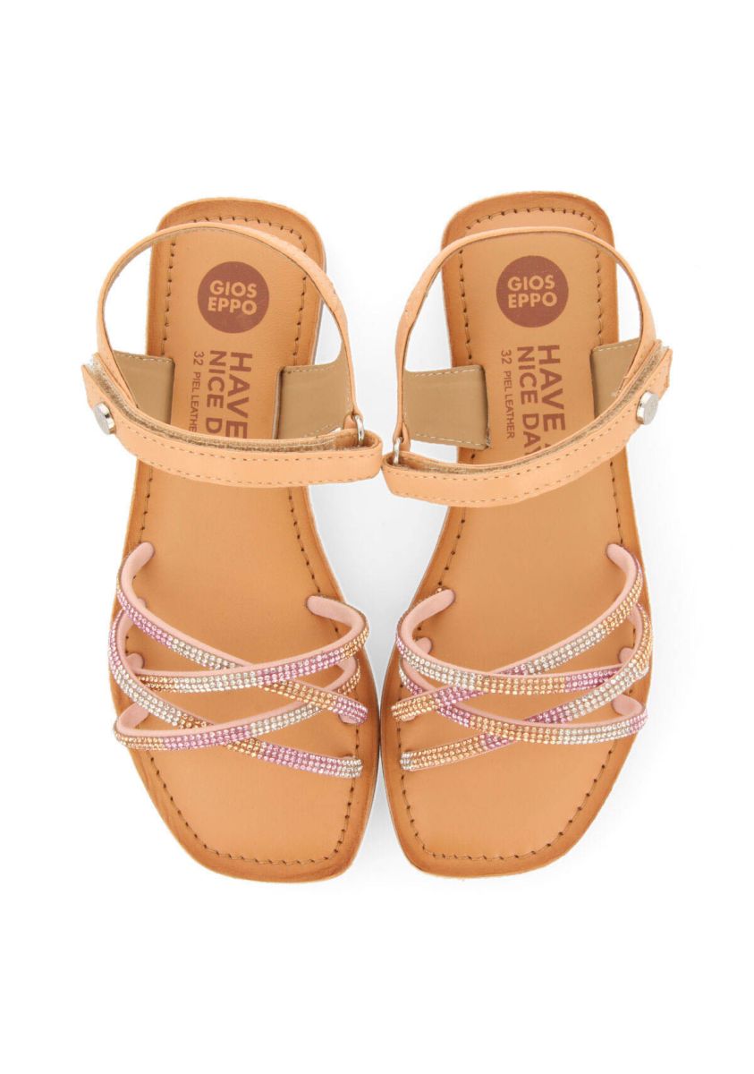 Lixy Girls' Pink Leather Sandals with Colorful Crystal Embellishments
