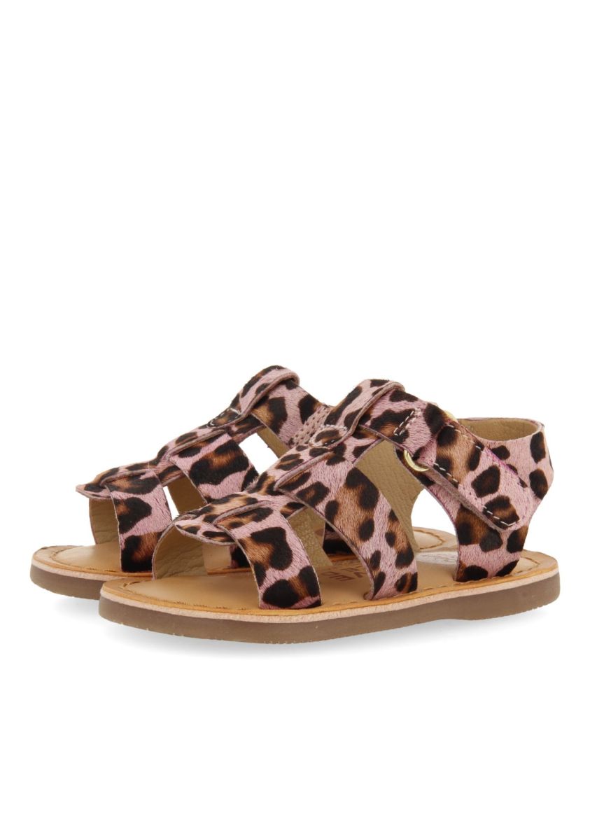 Leather Roman Sandals with Animal Print for Babies - Generac Pink