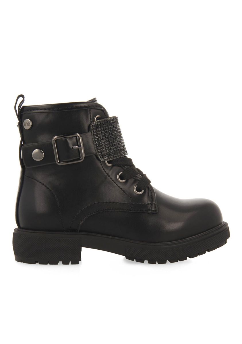 Roskilde Black Military-Style Boots with Removable Rhinestone Strap for Kids
