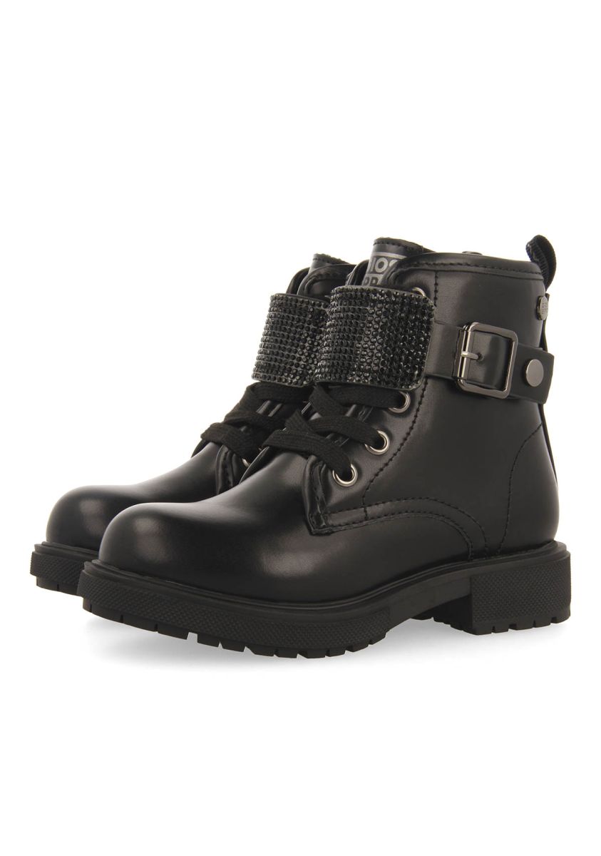 Roskilde Black Military-Style Boots with Removable Rhinestone Strap for Kids