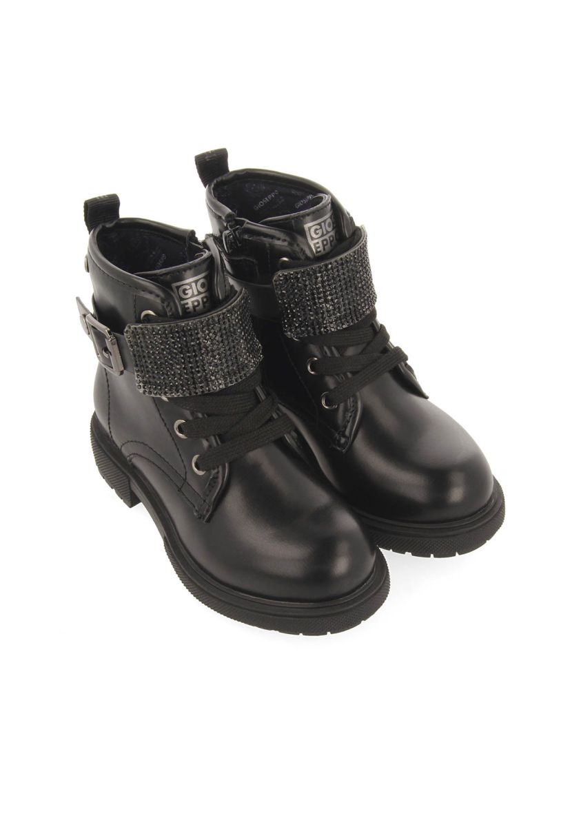 Roskilde Black Military-Style Boots with Removable Rhinestone Strap for Kids
