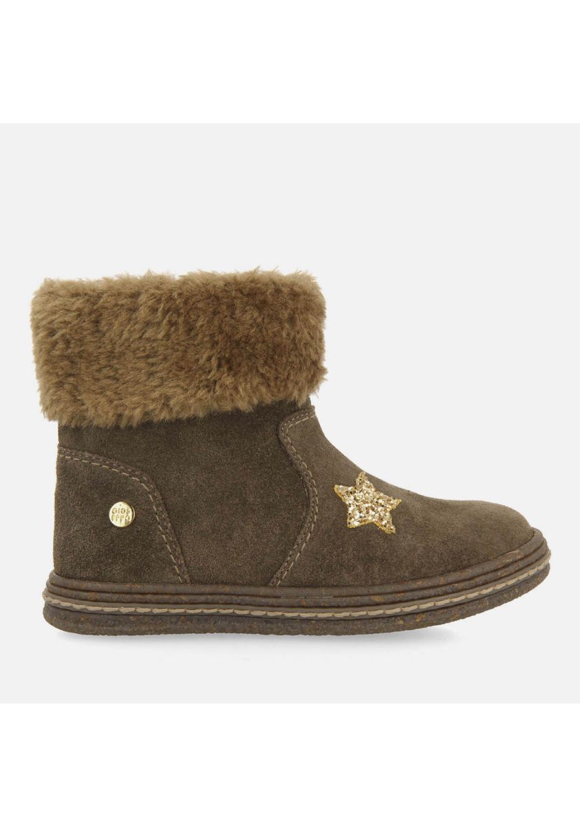 Taupe Suede Leather Ankle Boots with Glitter and Fur Lining