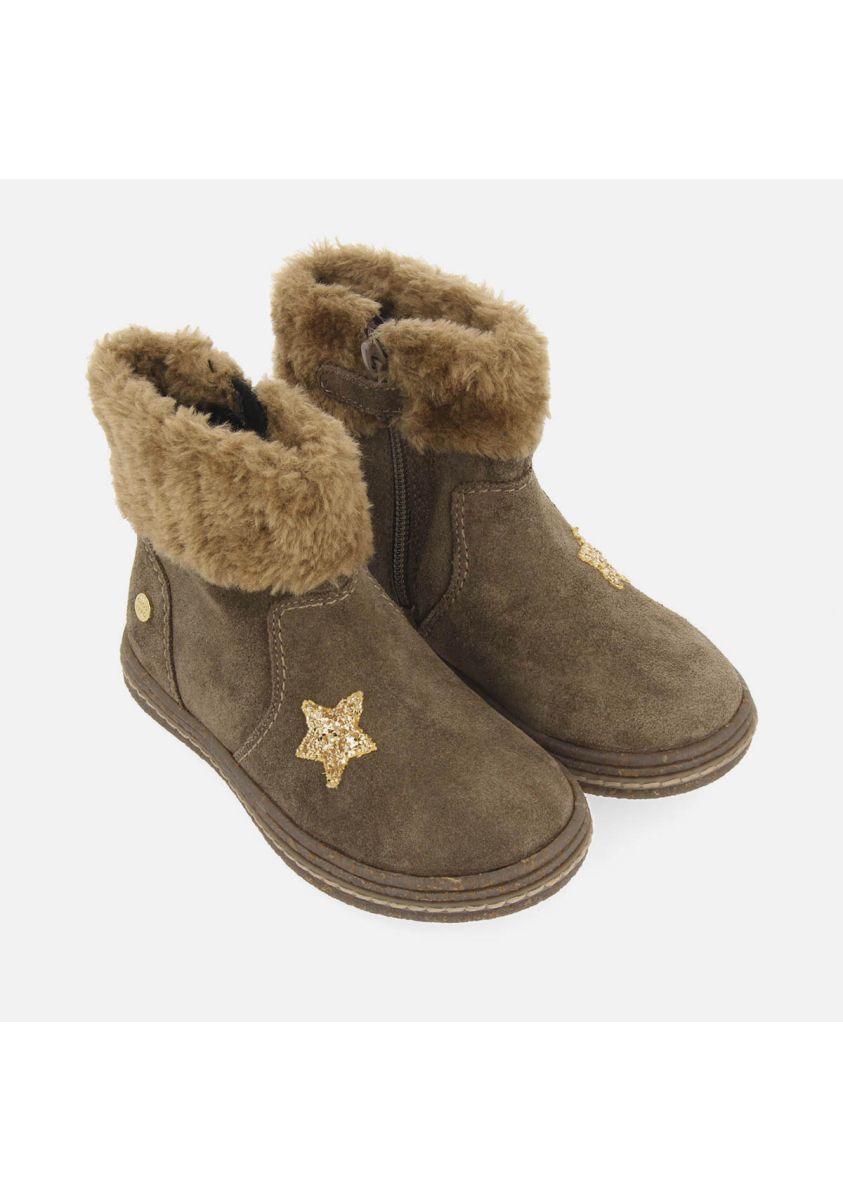 Taupe Suede Leather Ankle Boots with Glitter and Fur Lining