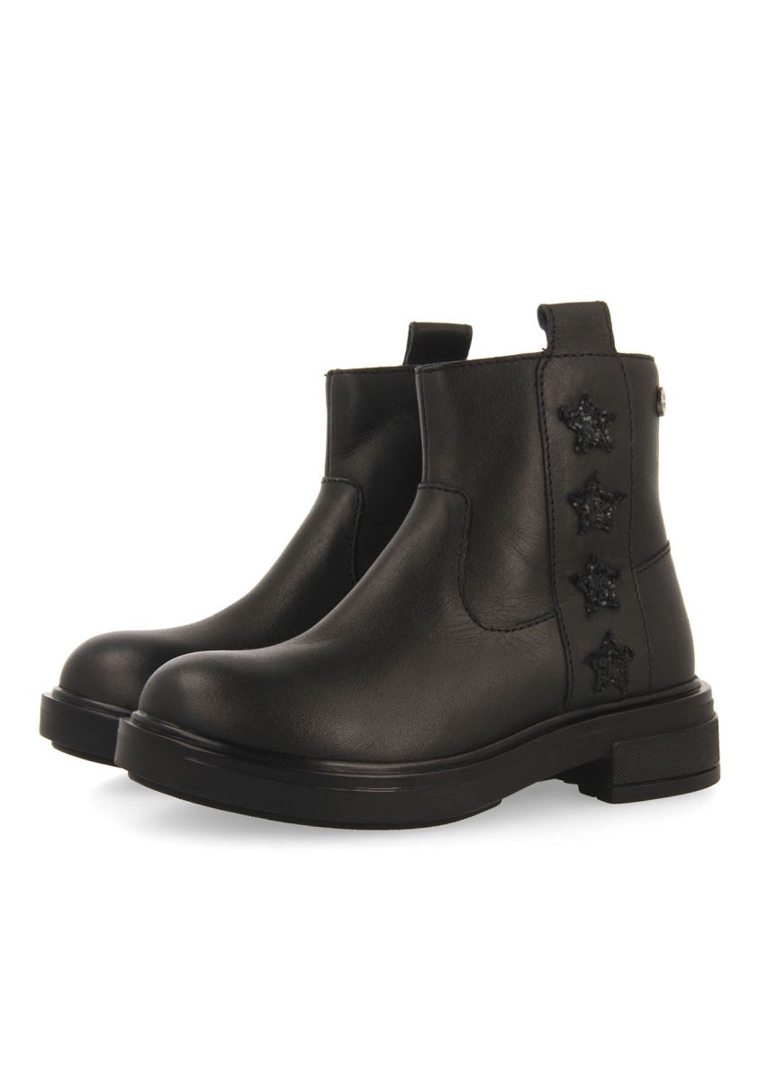 Gioseppo Kids' Black Leather Ankle Boots with Star and Glitter Patches