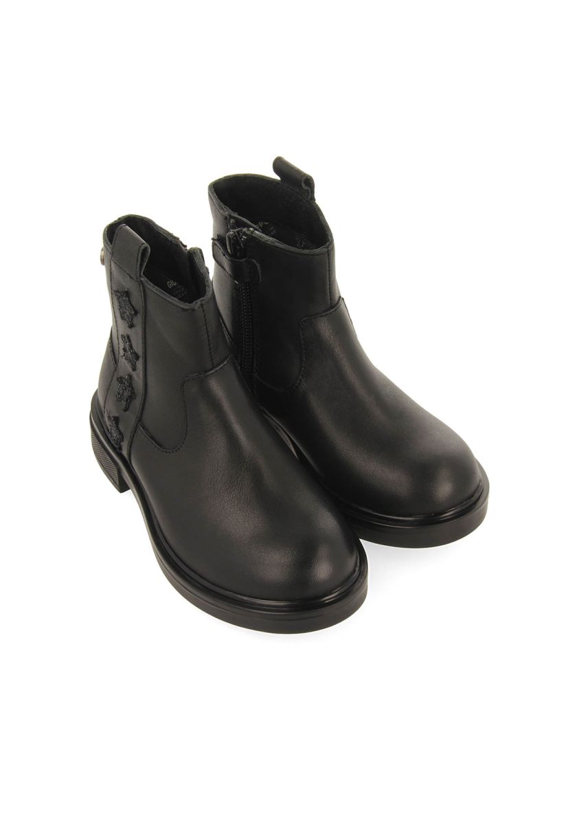 Gioseppo Kids' Black Leather Ankle Boots with Star and Glitter Patches
