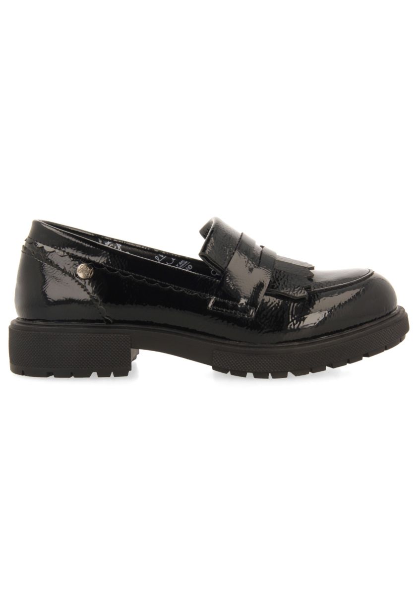 Elegant Black Patent Effect Loafers with Tassel Detail and Microfiber Insole