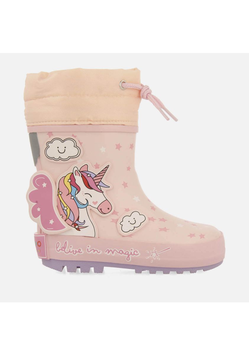 Whimsical Unicorn Pink Rubber Boots with Fancy Patches and Non-Slip Sole