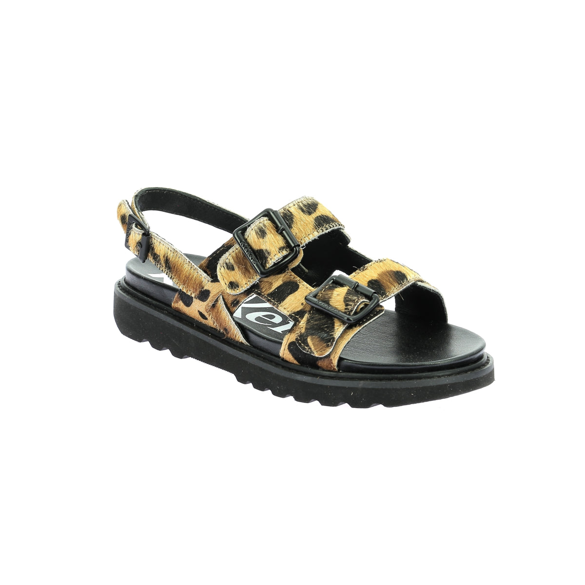 Kickers Women's Neosummer Leopard Faux Leather Buckle Sandals for Comfort