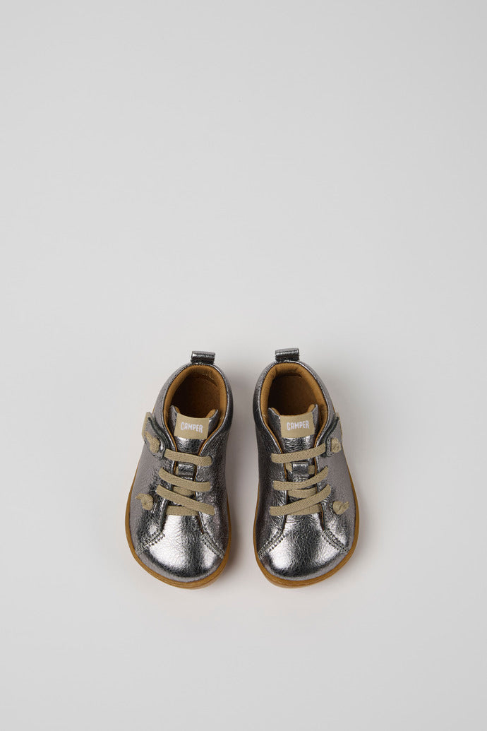 Camper Kids' Peu Silver Calfskin Leather Hook-and-Loop First Walker Ankle Boots