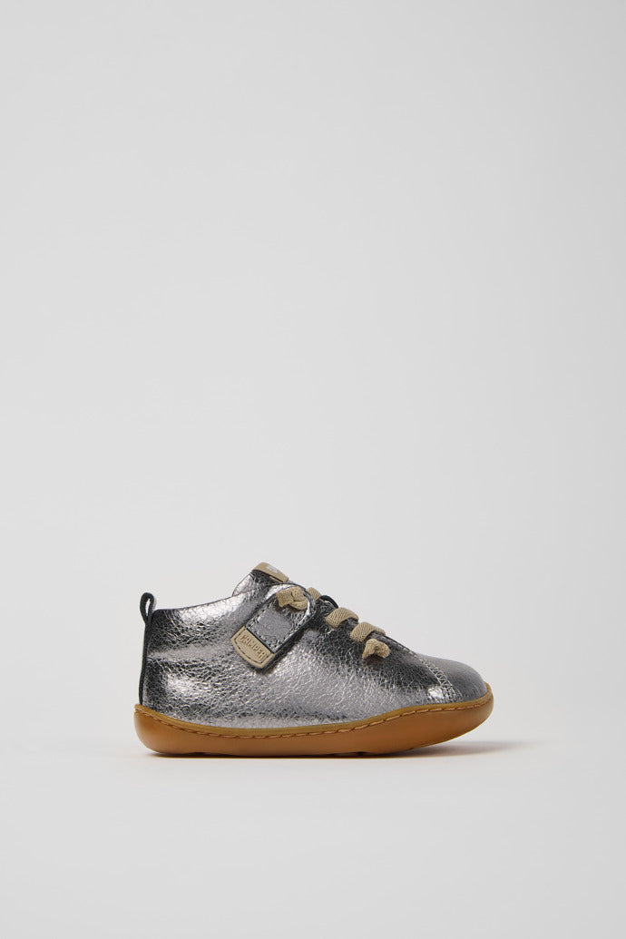 Camper Kids' Peu Silver Calfskin Leather Hook-and-Loop First Walker Ankle Boots
