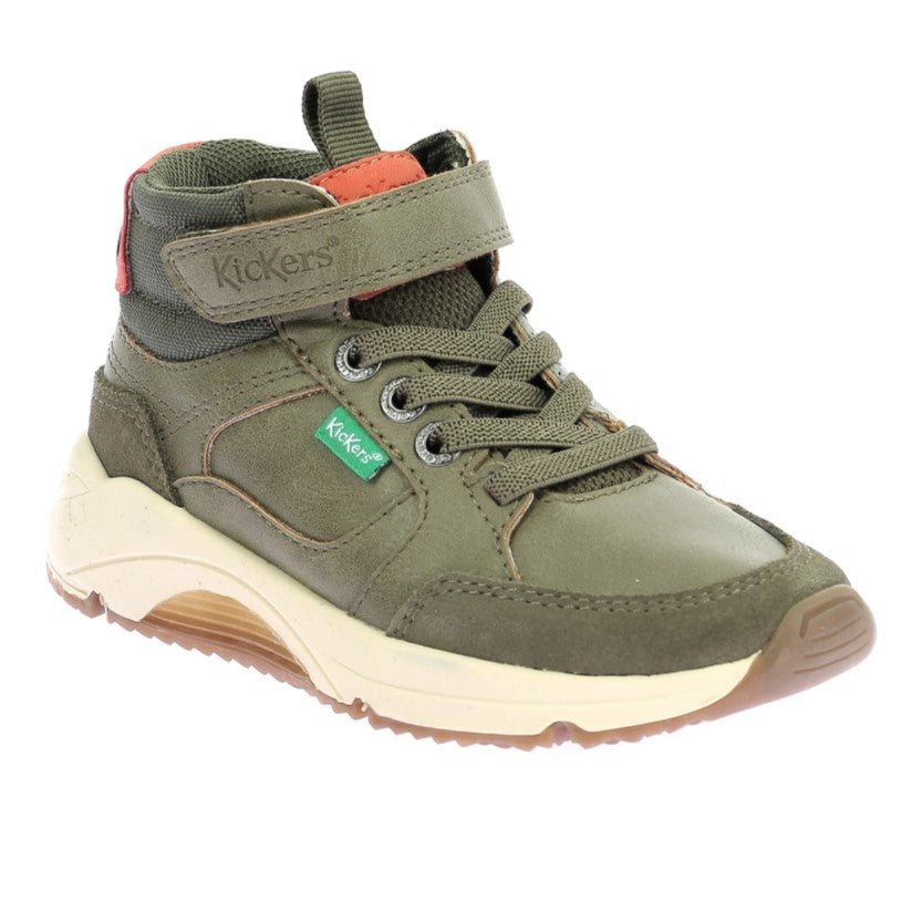 Kickers Runrun Kids' Khaki High-Top Anatomical Sneakers with Velcro & Elastic Laces