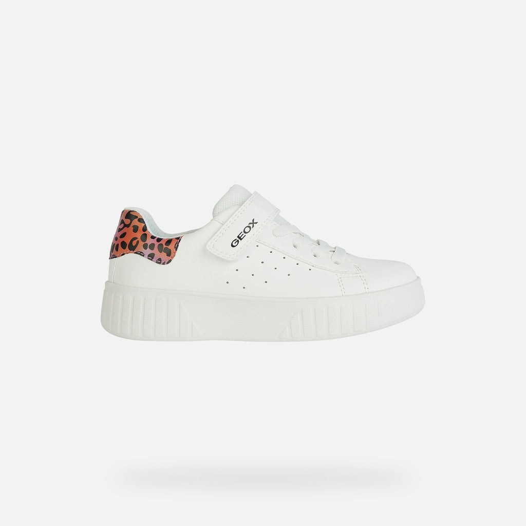 Geox Mikiroshi Girl's White Salmon Velcro Sneakers with Animal Print Heel