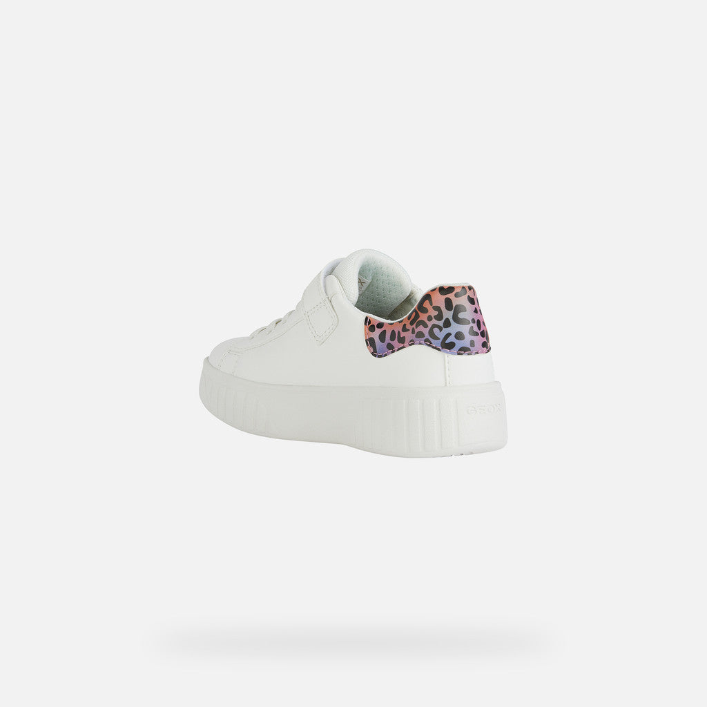 Geox Mikiroshi Girl's White Salmon Velcro Sneakers with Animal Print Heel