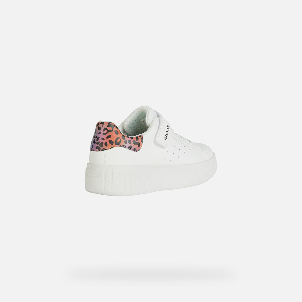 Geox Mikiroshi Girl's White Salmon Velcro Sneakers with Animal Print Heel