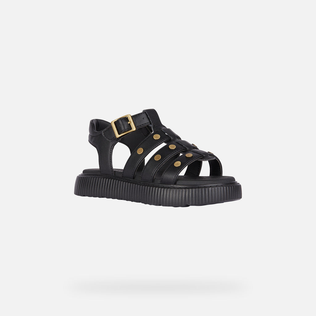 Geox Kodette Junior Girl's Black Studded Breathable Open Sandals with Ankle Strap