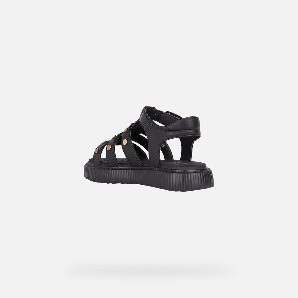 Geox Kodette Junior Girl's Black Studded Breathable Open Sandals with Ankle Strap