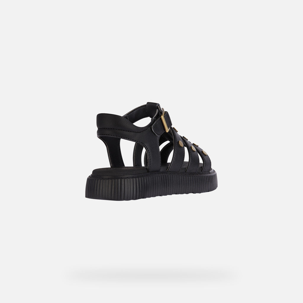 Geox Kodette Junior Girl's Black Studded Breathable Open Sandals with Ankle Strap
