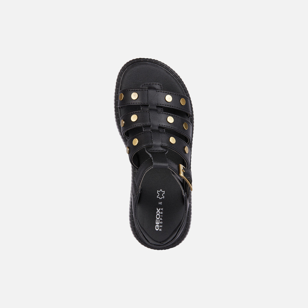 Geox Kodette Junior Girl's Black Studded Breathable Open Sandals with Ankle Strap