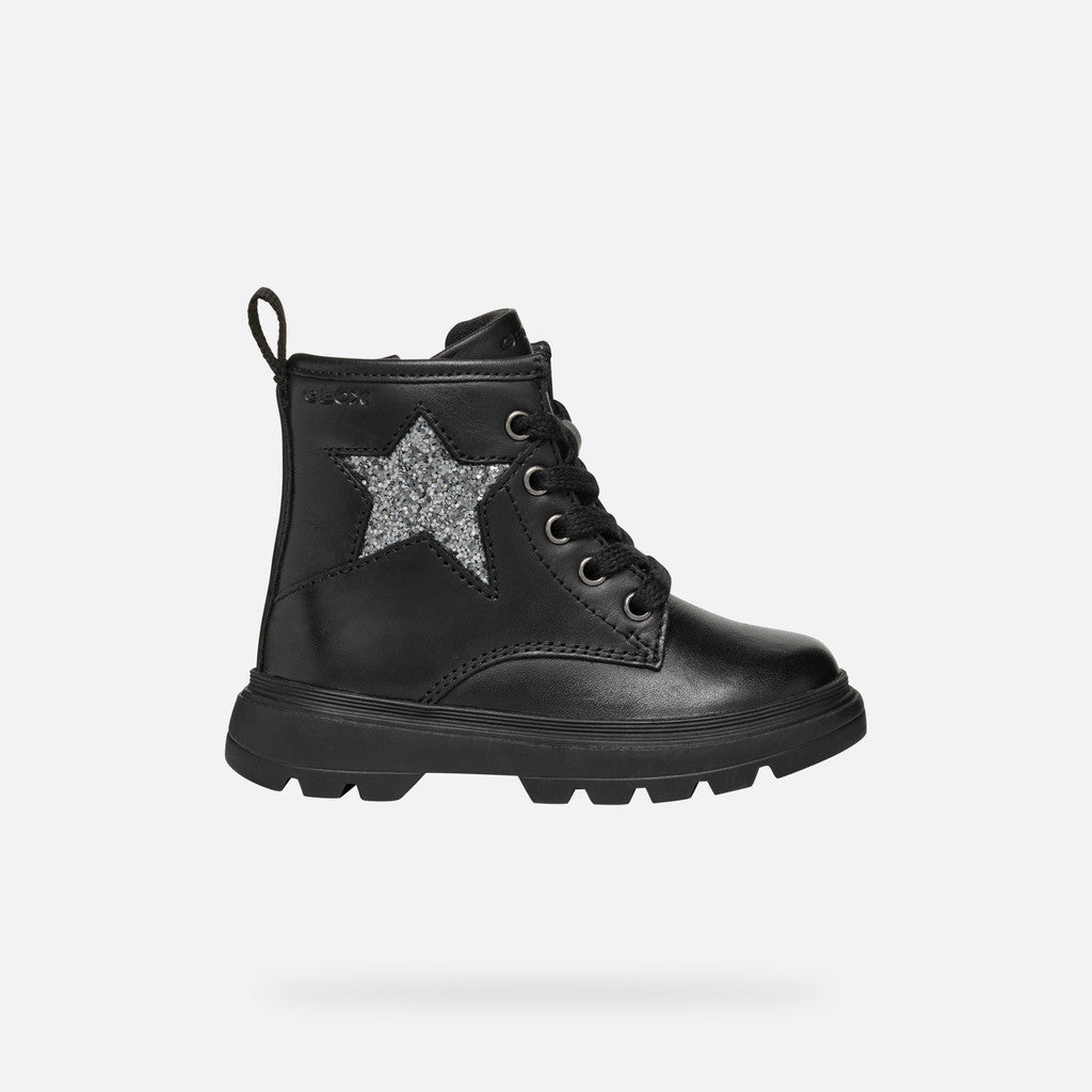 Geox Kiddartah Toddler Girl Black Mid-Calf Combat Boots with Glitter Star