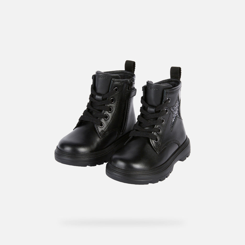 Geox Kiddartah Toddler Girl Black Mid-Calf Combat Boots with Glitter Star