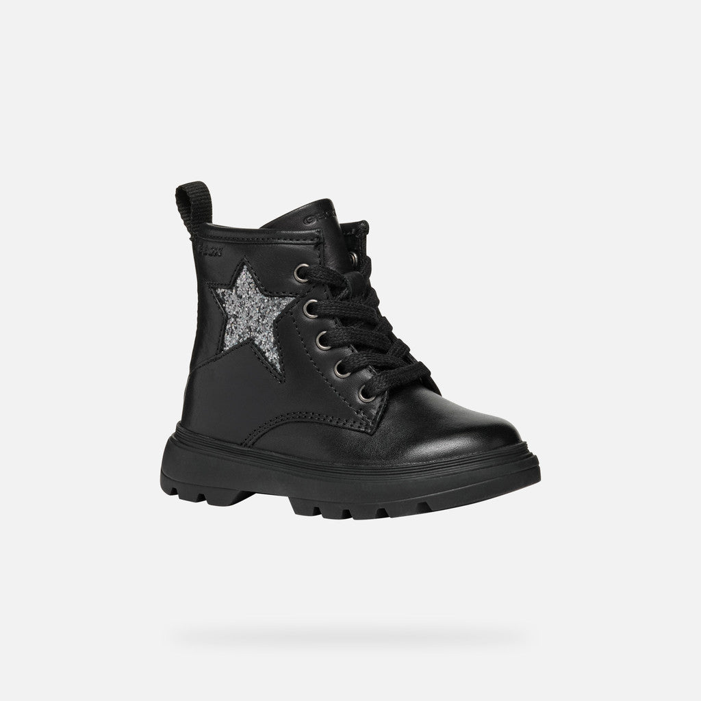 Geox Kiddartah Toddler Girl Black Mid-Calf Combat Boots with Glitter Star