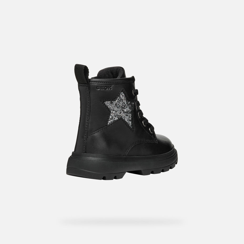 Geox Kiddartah Toddler Girl Black Mid-Calf Combat Boots with Glitter Star