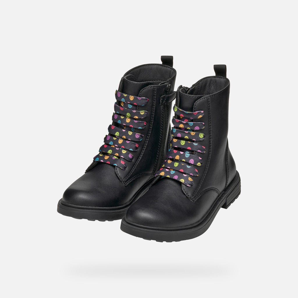 Girl's Black Multicolored Lace-Up Ankle Combat Boot for City Styling