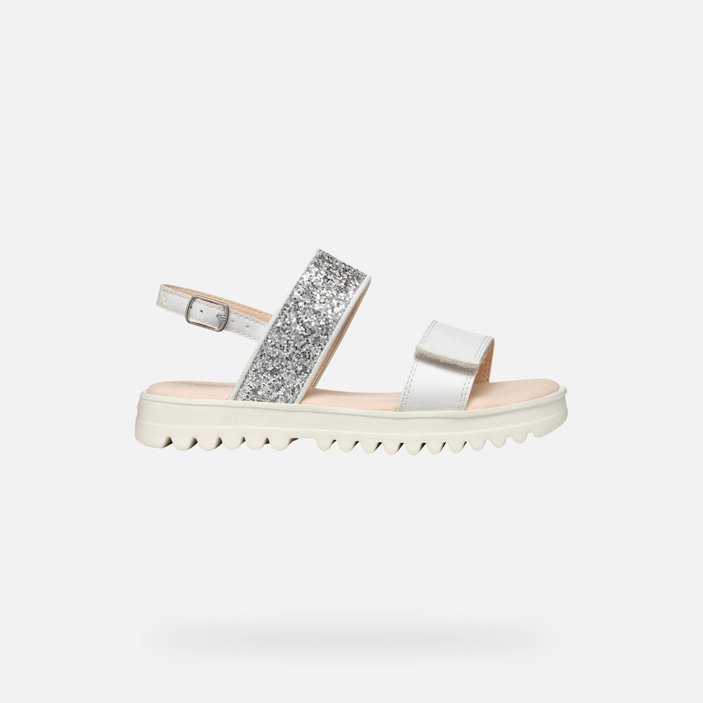 Geox Coralie Girl's Lightweight White and Silver Open Sandals with Buckle