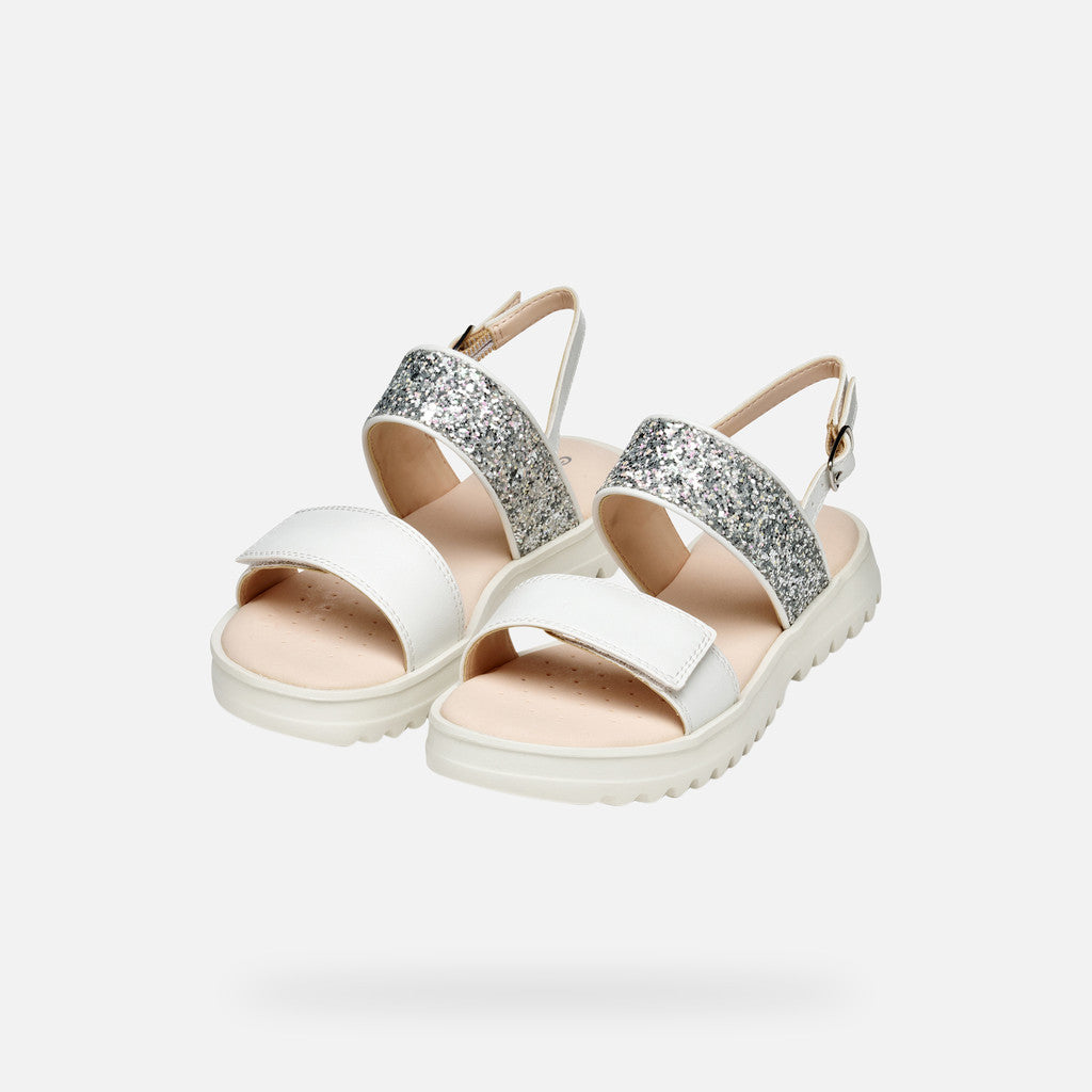 Geox Coralie Girl's Lightweight White and Silver Open Sandals with Buckle