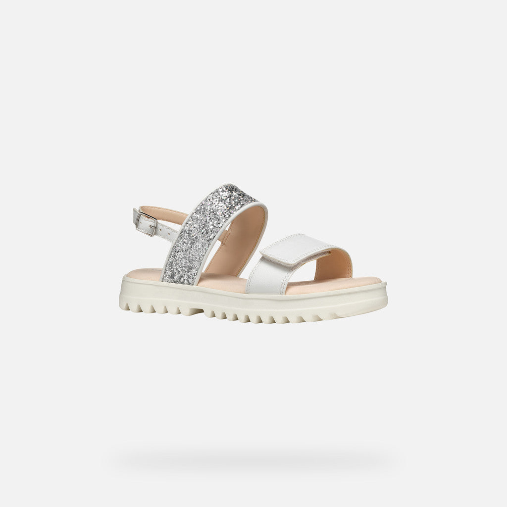 Geox Coralie Girl's Lightweight White and Silver Open Sandals with Buckle
