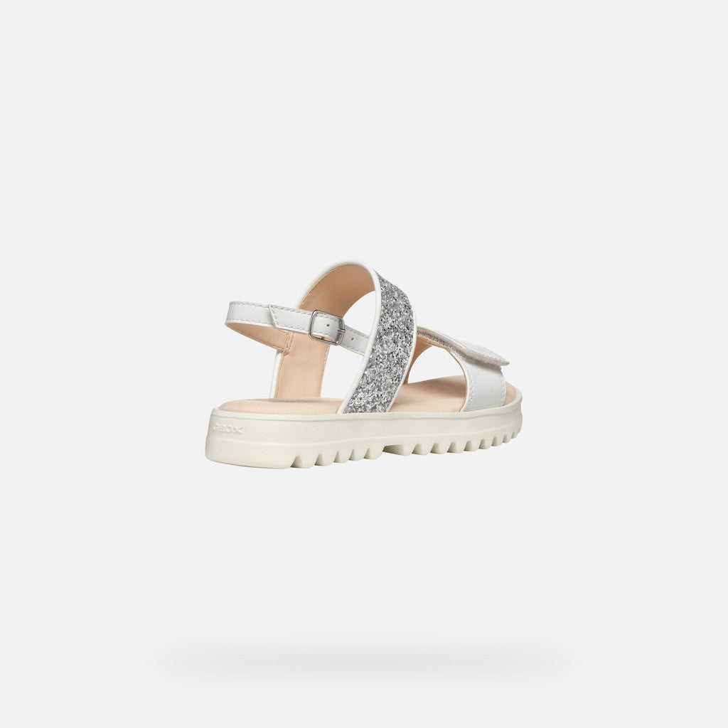 Geox Coralie Girl's Lightweight White and Silver Open Sandals with Buckle