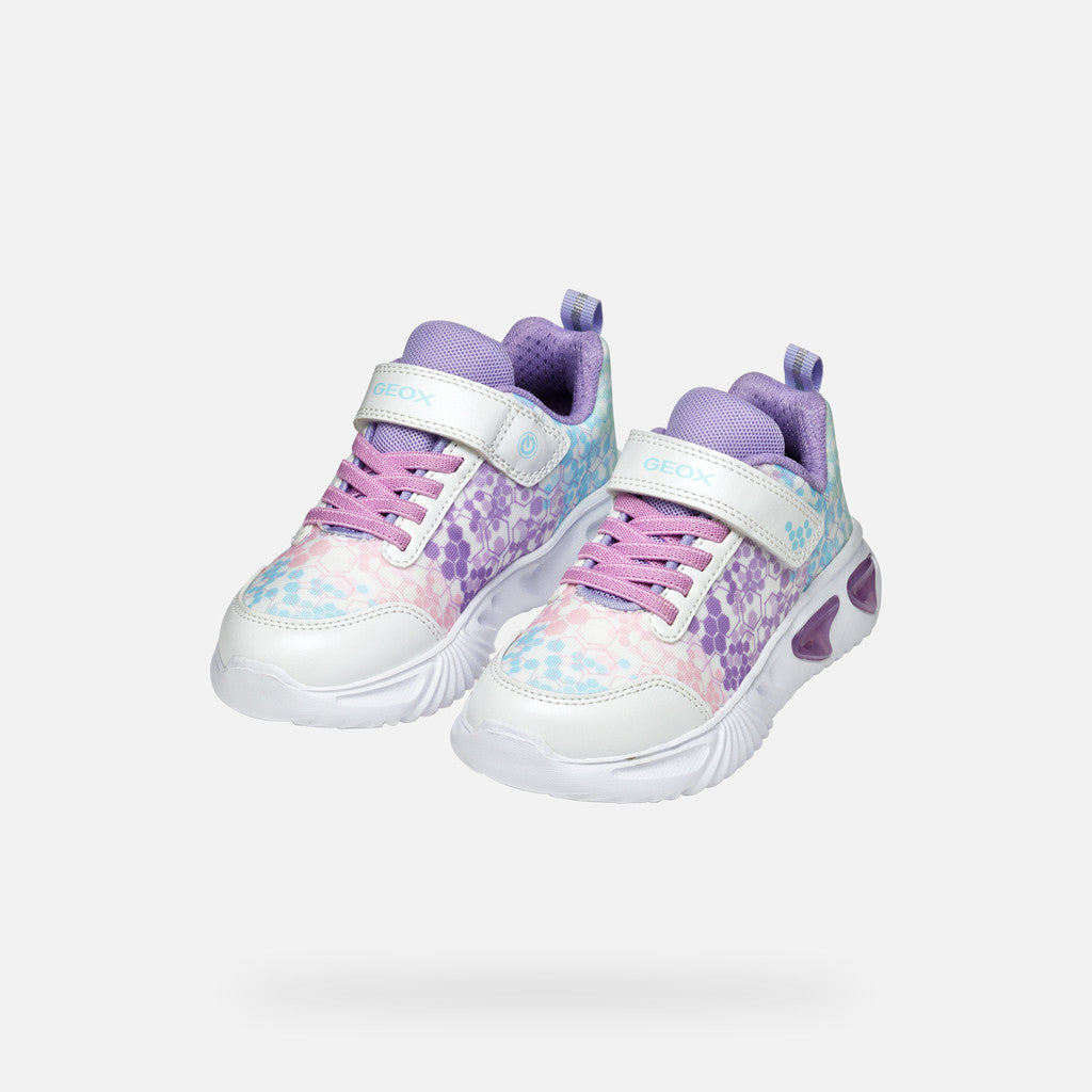Geox Assister Girl White/Lilac Light-Up Sneakers for Kids with Cushioned Comfort