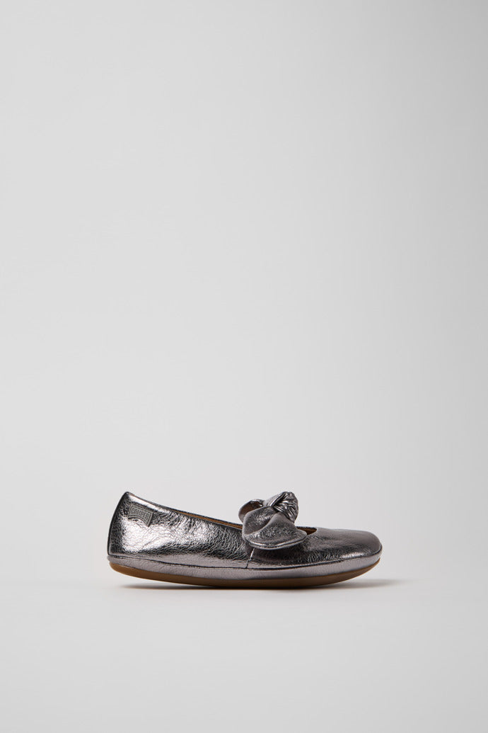 Camper Right Nina Kids' Silver Leather Ballet Flats with Flexible Strap