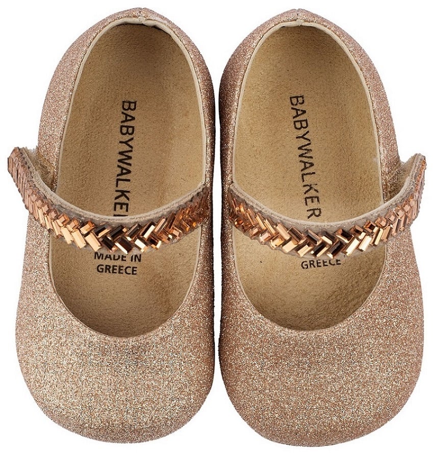 Copper BabyWalker Ballerina Shoes for Babies Elegant Crystal Barrette