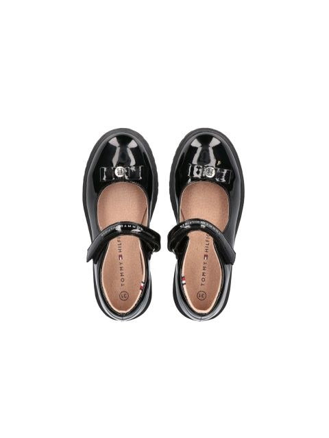 Tommy Hilfiger Girls' Black Leather Velcro Ballet Flats - Formal Kids' Shoes