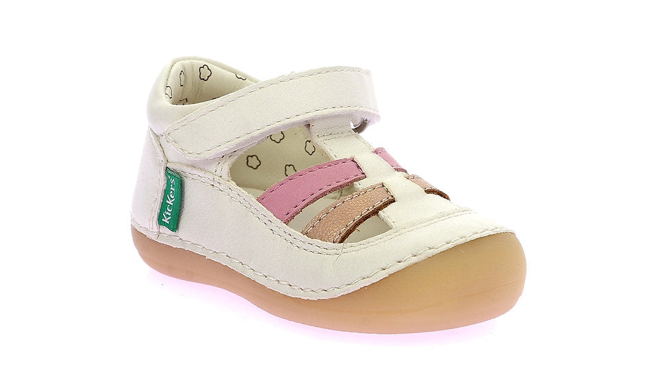 Kickers Sushy Baby Girl Closed-Toe Sandals: White & Pink, Leather, First Steps 1201852 -10-33 SUSHY