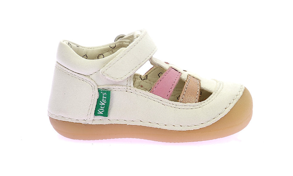 Kickers Sushy Baby Girl Closed-Toe Sandals: White & Pink, Leather, First Steps 1201852 -10-33 SUSHY