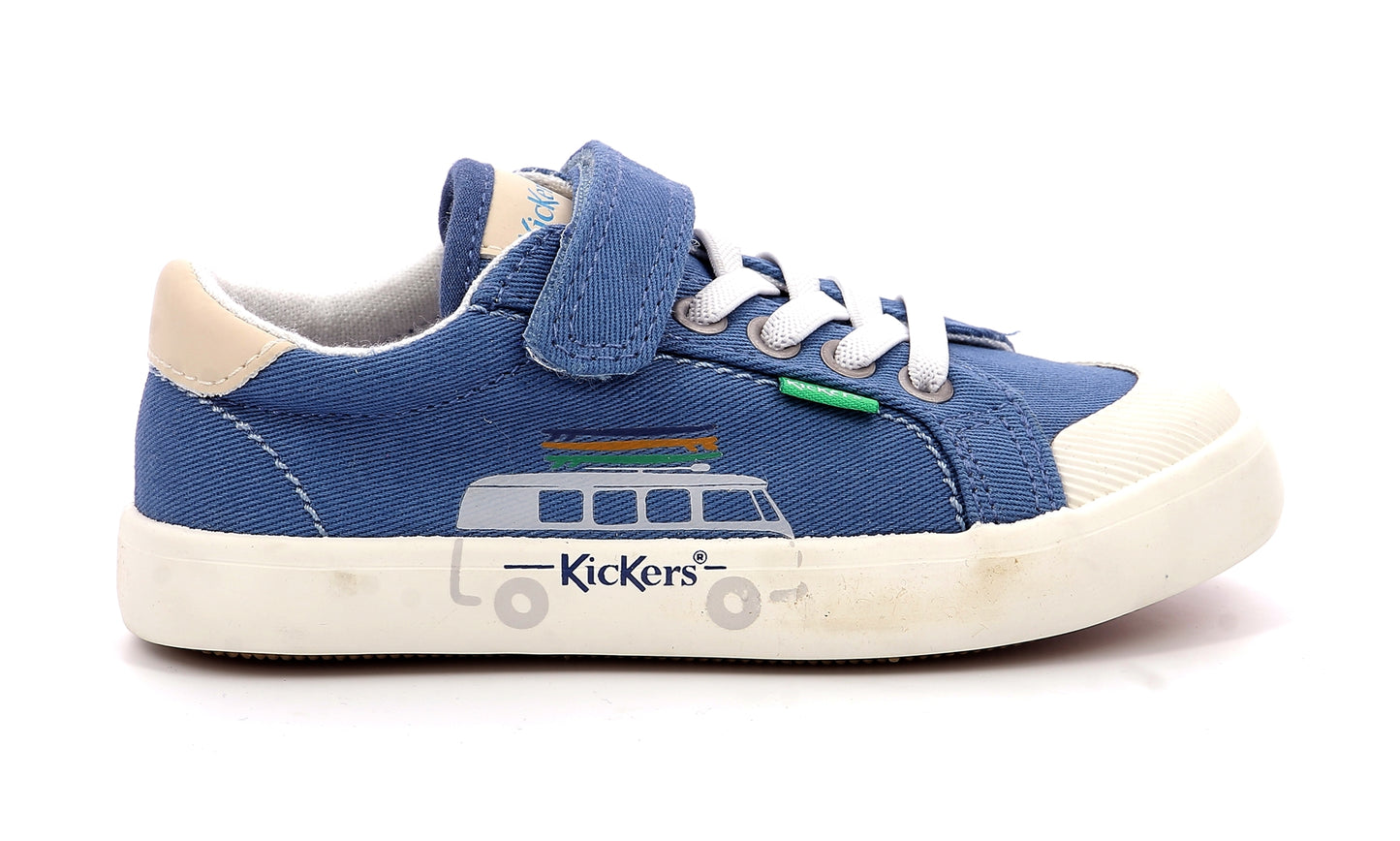 Kickers Kids' Blue Canvas Velcro Strap Sneakers with Fun Bus Print