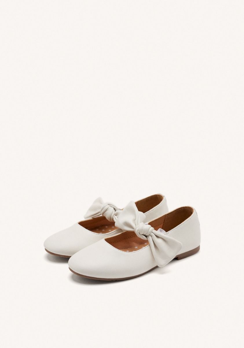 Elegant White Leather Mary-Jane Ballet Flats with Bow Detail for Girls