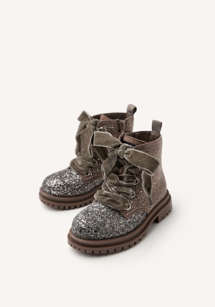 Finchley Taupe Glitter Rhinestone Boots with Velvet Laces & Track Sole