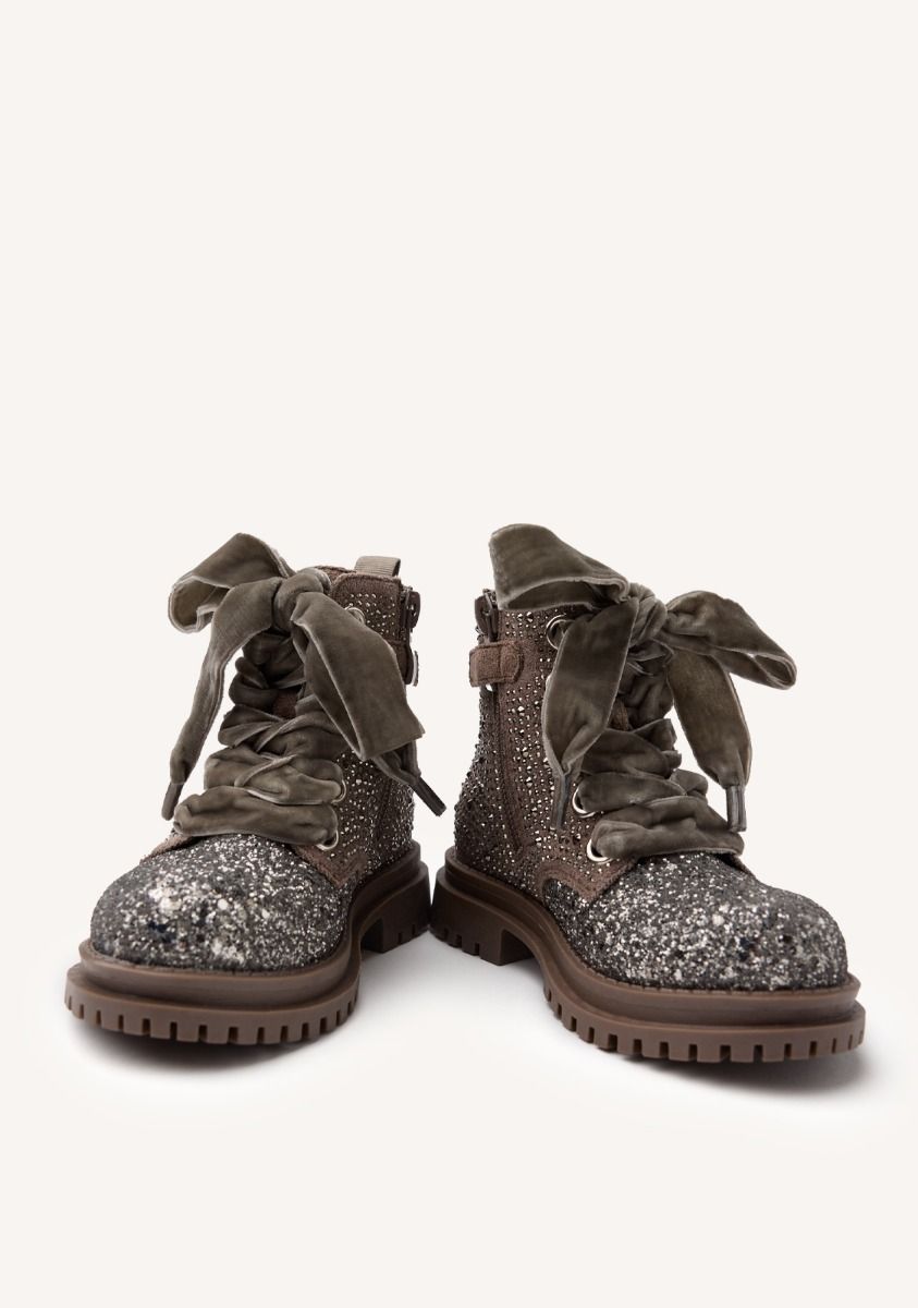 Finchley Taupe Glitter Rhinestone Boots with Velvet Laces & Track Sole